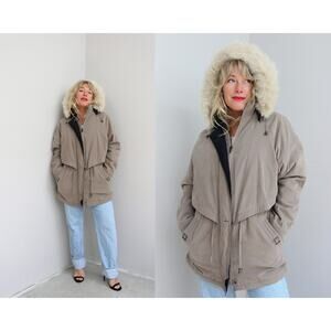 1990's Vintage Worthington Fox Fur Trimmed Beige Duffle Coat ~ Women's SM MD